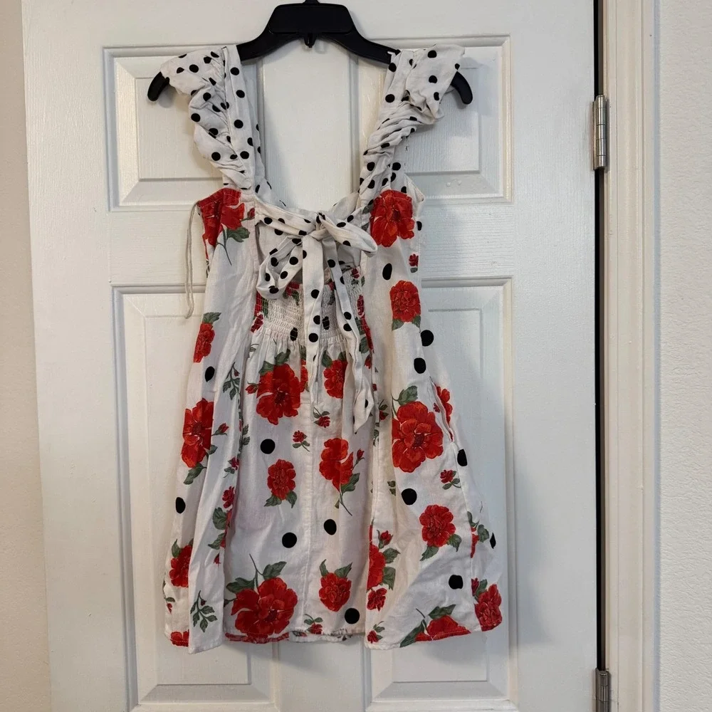 Free People Polka Dot Floral Mini Dress White Red Ruffle Cutout Tie Back Small S